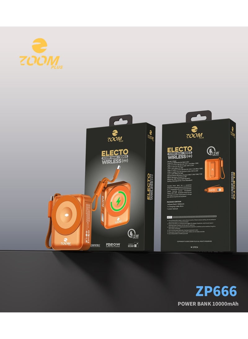 زوم بلس باور بنك زوم بلس ELECTO ZP666 بسعة 10000 مللي أمبير | شحن لاسلكي 15 واط | كابل مدمج | تصميم مدمج وشحن سريع - Image 4